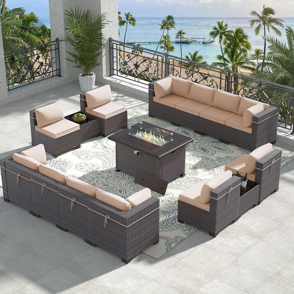 15-Pieces Wicker Patio Furniture Set, Outdoor Sectional Chairs with Firepit Table & Side Table