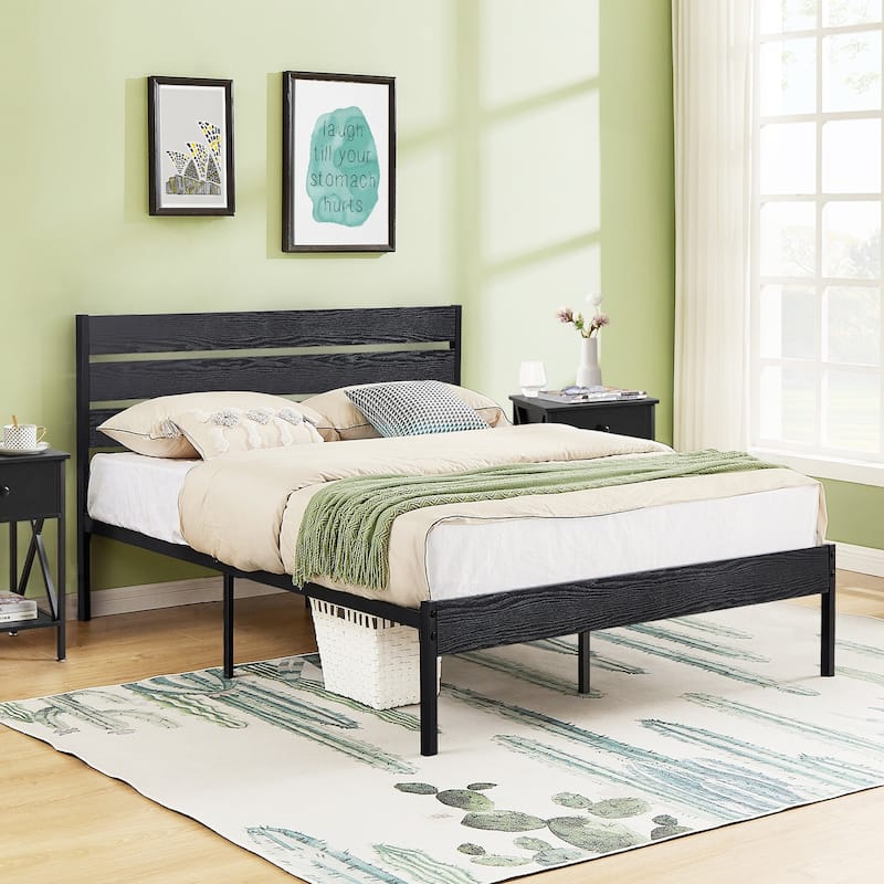 VECELO Industrial Wood Bed Frame with Headboard, Twin Size Beds/Full Size Beds/Queen Size Beds