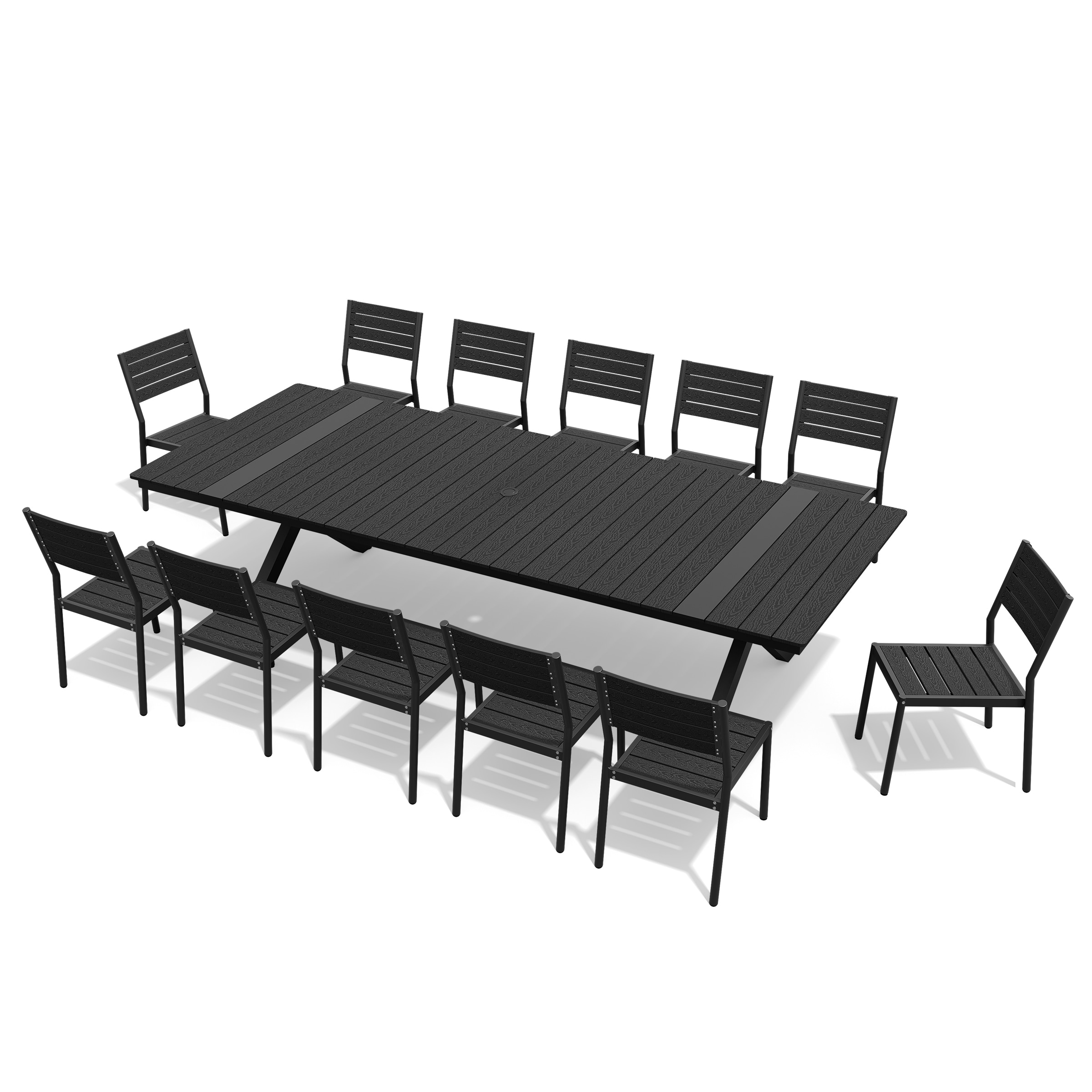 11/13-Piece Outdoor Aluminum Dining Table Set Rectangular Table with Umbrella Hole and Stackable Chairs