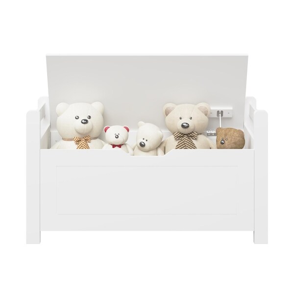 Kids Toy Box Chest Rubber Wood Toy Box Cabinet with Cushion Seat Bench Flip Top Lid Safety Hinge Toy Storage Organizer Trunk White