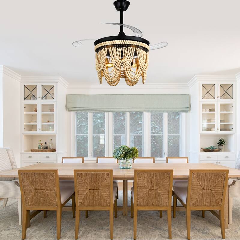 Cusp Barn 42" Retractable Ceiling Fan with Light, Farmhouse Wooden Bead Chandelier, Quiet DC Motor 6 Speeds Bohemian Ceiling Fan