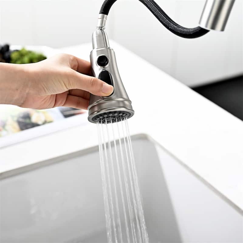 Bridge Kitchen Faucet with Pull Down Sprayer Modern Stainless Steel 3 Hole Pull Down Kitchen Sink Faucets Brushed Nickel