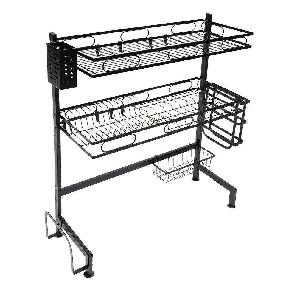 2-Tier Black Multifunction Dish Drying Rack with Sink Storage