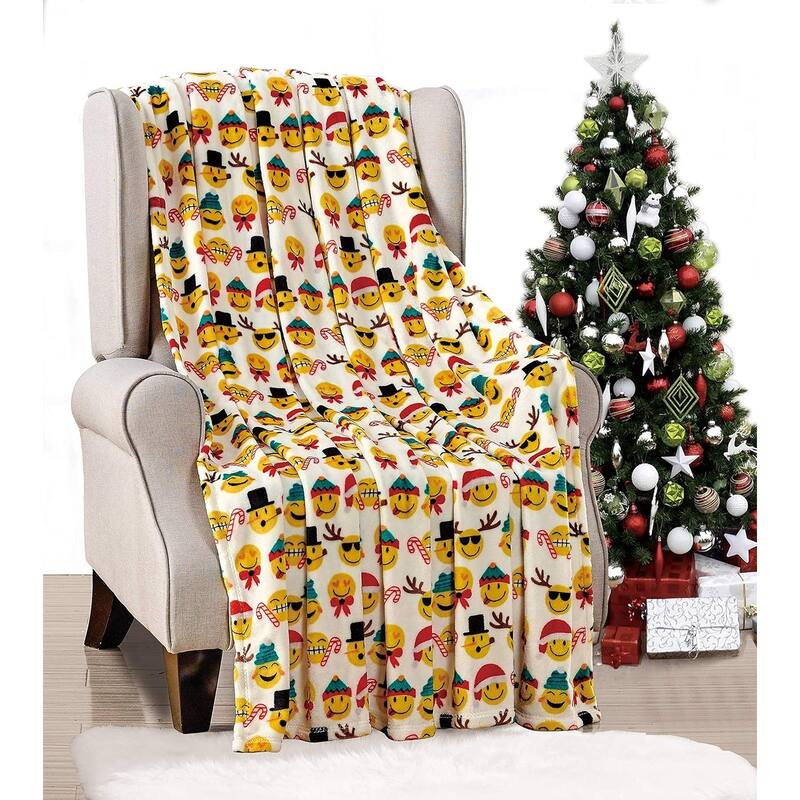 Décor&More Santa's Little Helper Collection Festive and Cuddly Holiday Microplush Throw Blanket (50" x 60") - Christmas Smileys - Throw