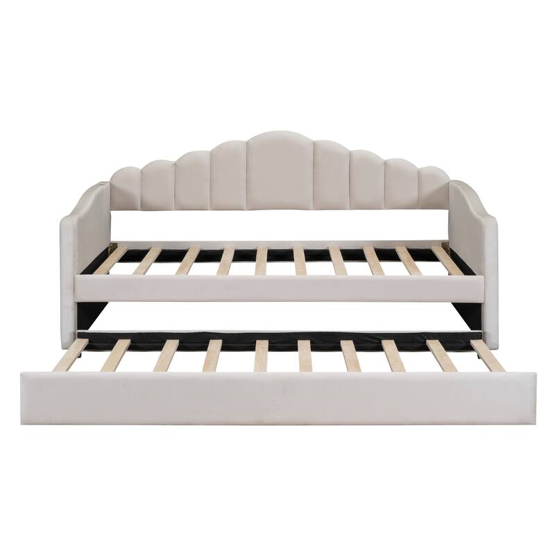 Twin size Upholstered Daybed with Trundle ,Velvet Sofabed with USB Charging Ports,No Box-spring Needed