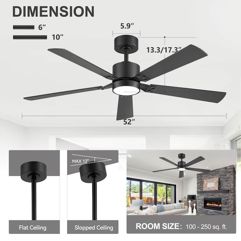 52-Inch Matte Black Ceiling Fan with RGB LED Light and Remote((5 Reversible Blades)