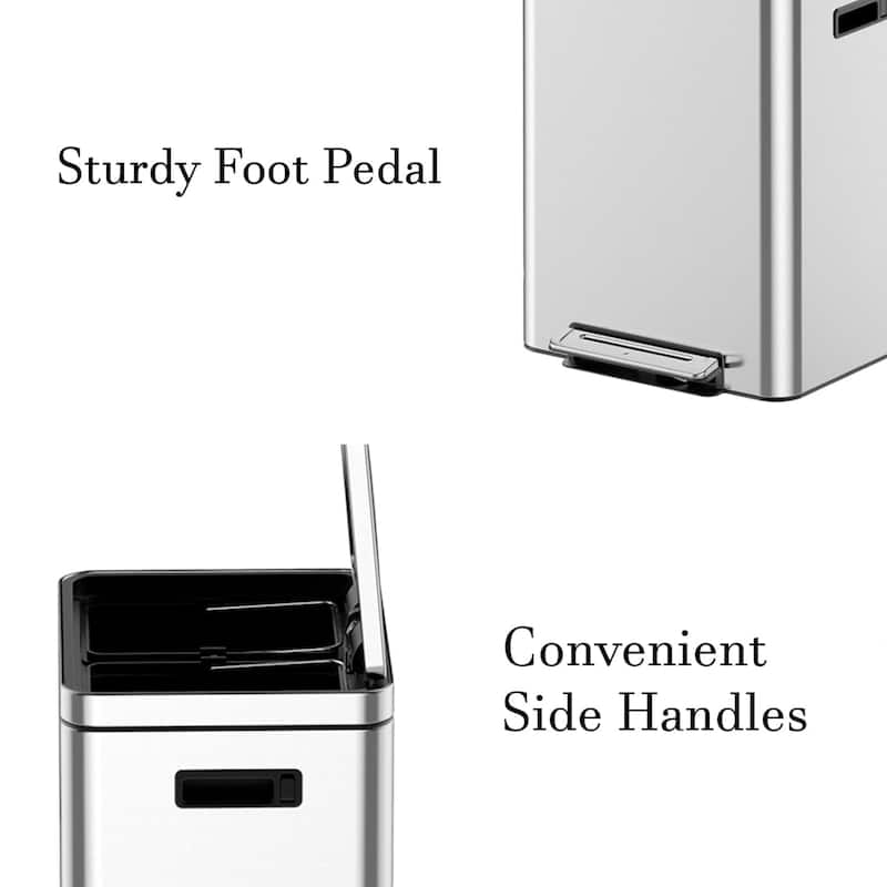 2 x 5.28 Gallon/2x20L Stainless Steel Trash Can, Dual Compartment Step-On Recycling Bin