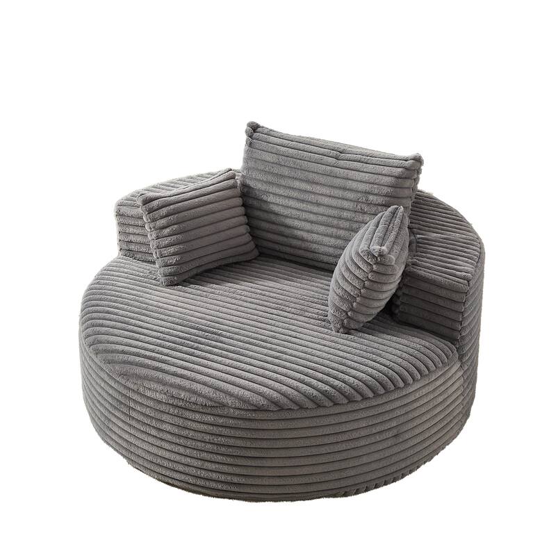 Oversized Round Chaise Lounge Corduroy Upholstered Single Sofa Chair with Cylindrical Neck Pillow and Integrated Backrest