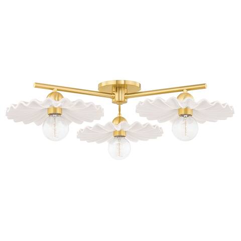 Tinsley 3 Light Semi Flush - Aged Brass/Ceramic Gloss Cream