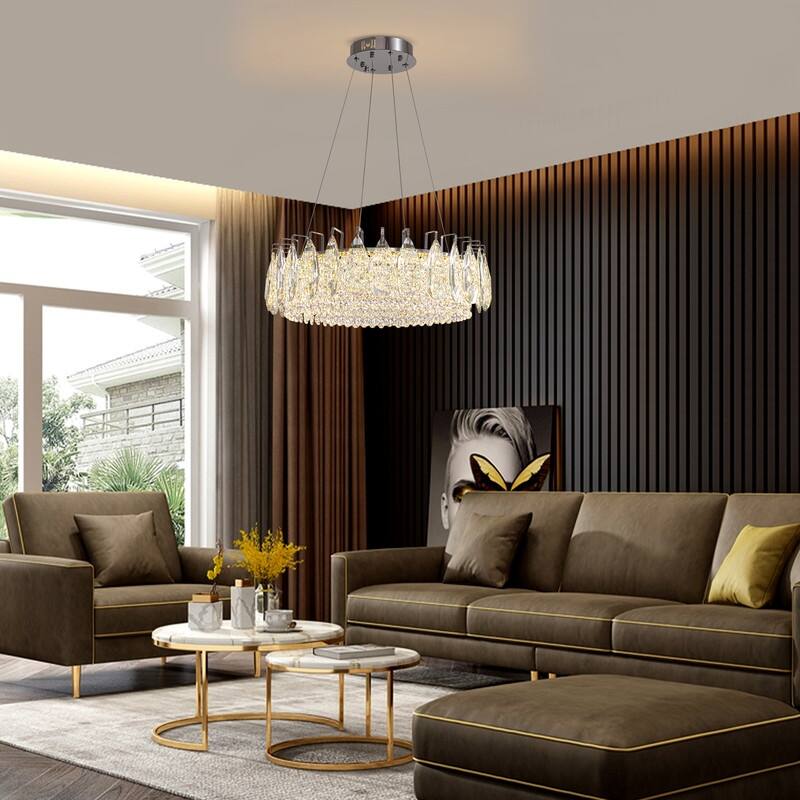 23.6 in. Chrome Crystal Chandelier Round Modern Chandelier Luxury Pendant Ceiling Light Fixture for Dining Room Living Room