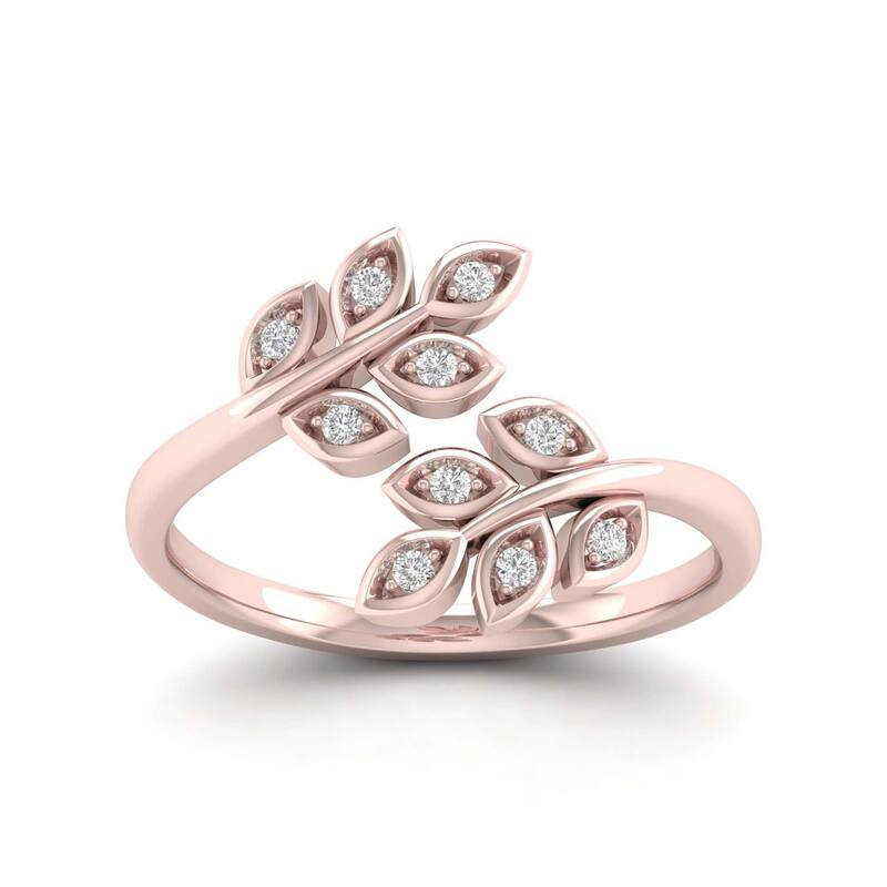 1/10ct TDW Diamond Bypass Leaf Fashion Ring in 10k Gold for Women - 7 - Rose