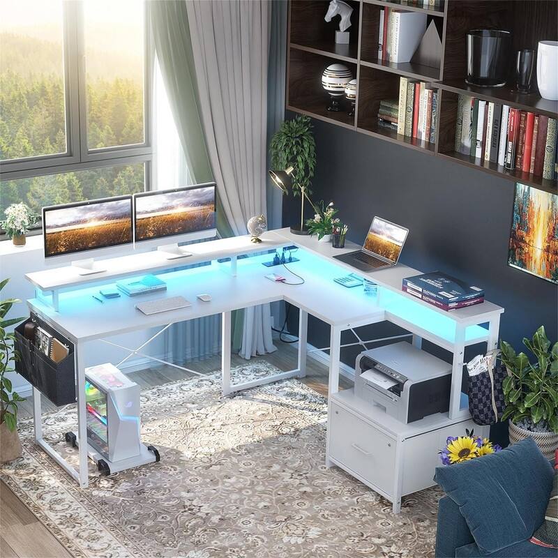 L Shaped Desk with Power Outlet and LED Strip