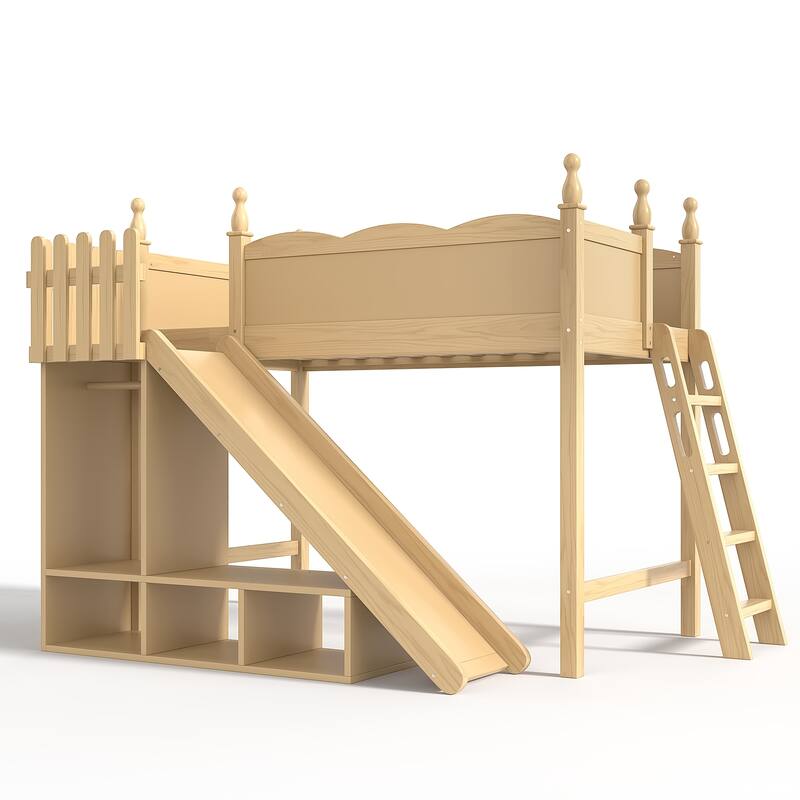 Twin Loft Bed with Storage Shelves and Wardrobe, Solid Wood Loft Beds with Detachable Slide and Ladders, No Spring Box Needed