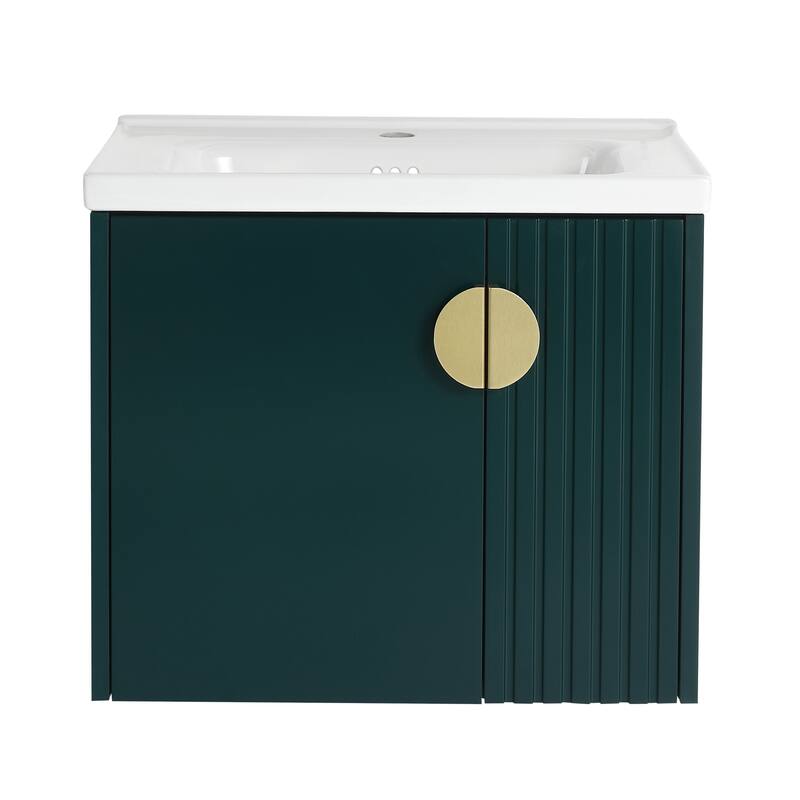 Modern Wall-Mounted Bathroom Vanity with Ceramic Sink, Soft-Close Doors, and 3 Pairs of Metal Handles for Customization