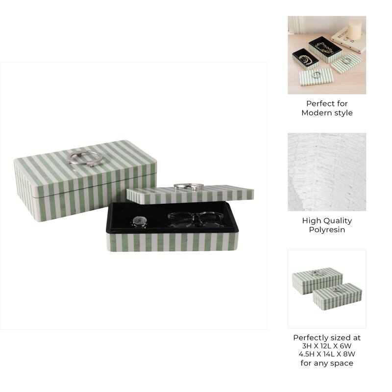 Resin Storage Boxes Striped Metallic Handles (Set of 2) - 5", 4" Green - 14" x 8" x 4.5"