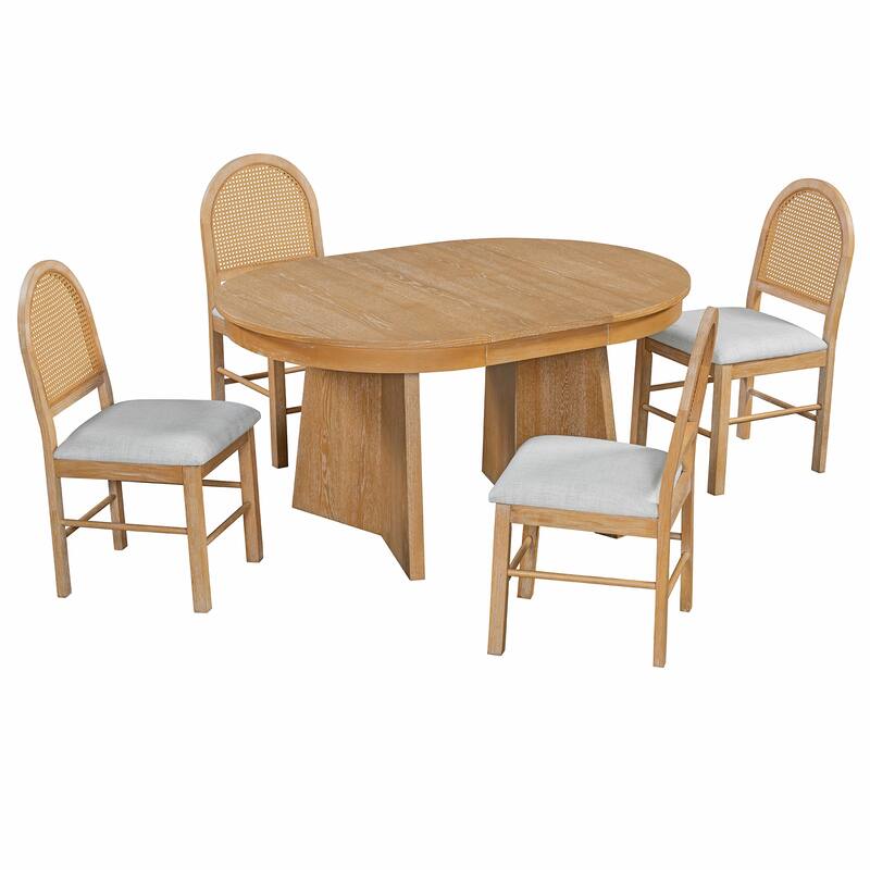 5-Piece Round Dining Table Set for 4, Retro Extendable dining table set with 4 Upholstered Chairs