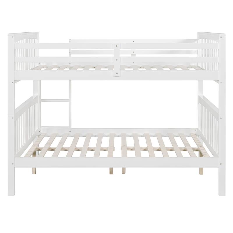Full over Full Size Bunk Bed Wooden Frame Bunk Bed with Ladder and Fence Guardrail, Kids Children's Bed for Bedroom, Guest Room