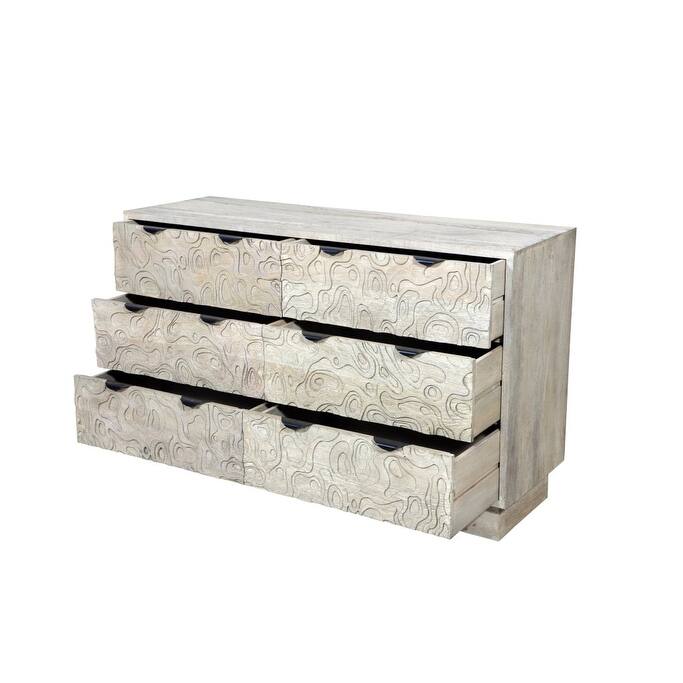 HomeRoots 57" Gray Carved Geometric Solid Wood Six Drawer Dresser