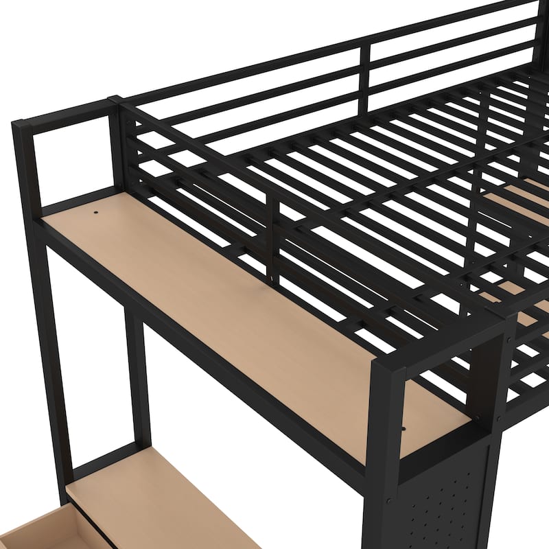 Metal Bed Frame Queen Size Loft Bed with Open Wardrobe, Hanging Rod, Storage Shelves, Pegboard and Bottom Drawers