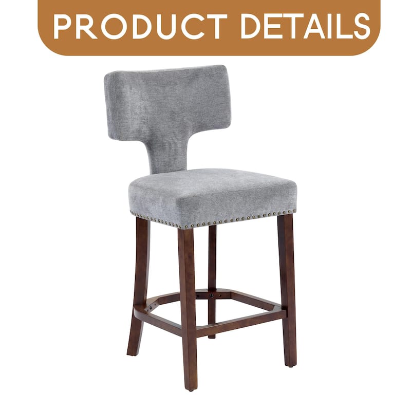 Mid Century Modern Counter Height Bar Stools Set of 2, Farmhouse Linen Fabric Upholstered Accent Chair Curved Backrest