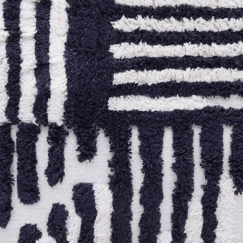 Handwoven Abstract Striped Shag Throw Pillow Cover - 22" - White and Navy Blue