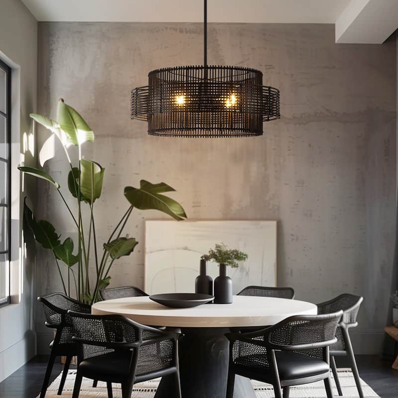 Saturn 4-Light Modern Bohemian Chandelier with Natural Rattan Shade - 22 in. W