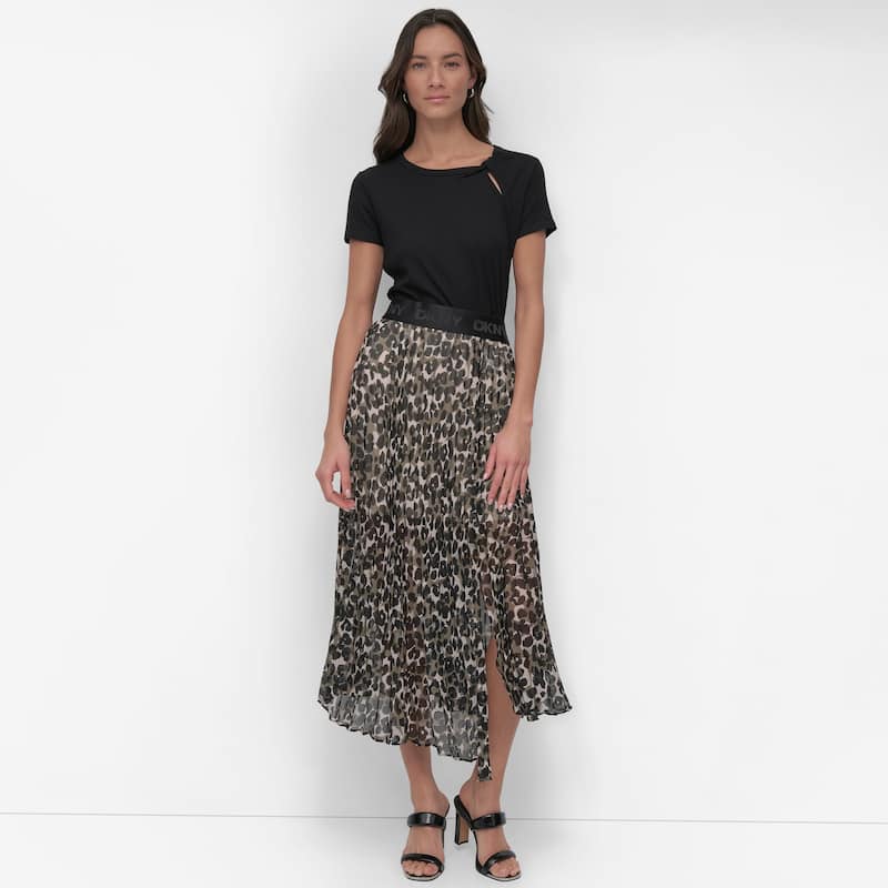 Dkny Pleated Asymmetrical Leopard Midi Skirt