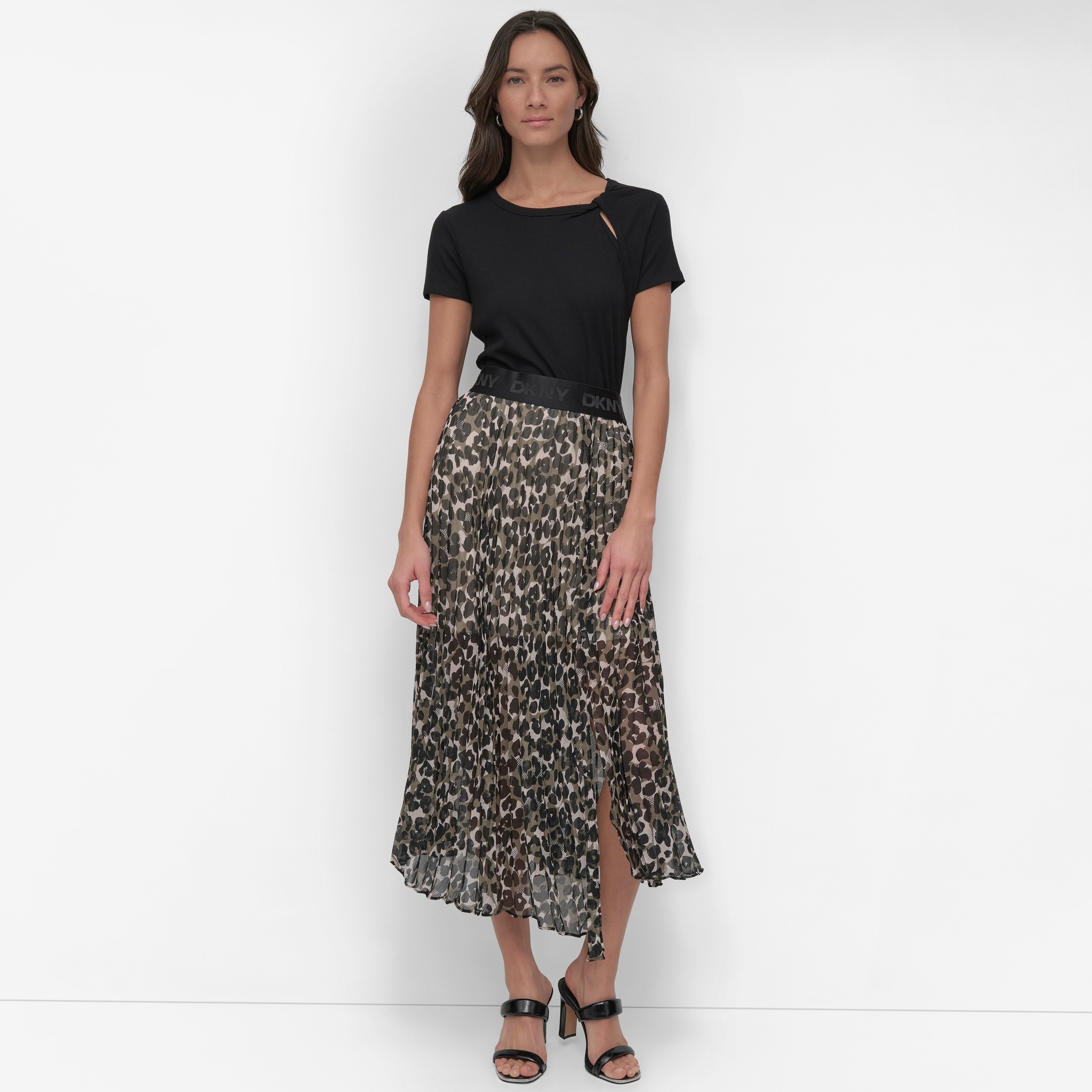 DKNY Pleated Asymmetrical Leopard Midi Skirt