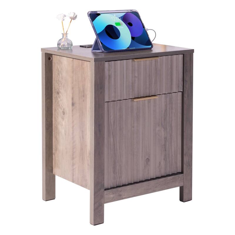 Gray Particle Board End Tables Set of 2, 2 Drawers, Power Strip and 3-Tier Set - 25” L x 19.69” W x 15” H