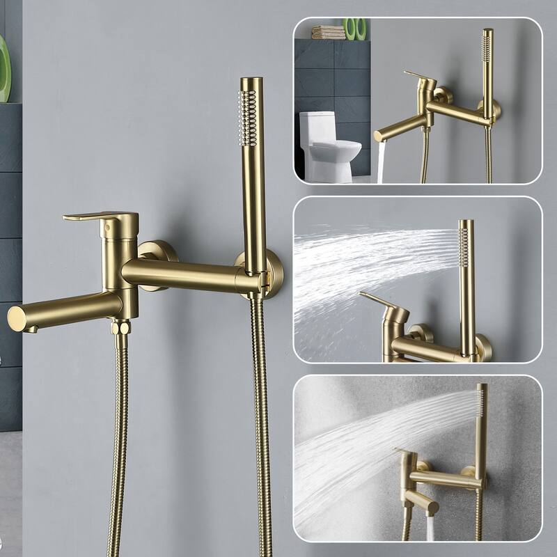 Modland Wall-Mounted Bathtub Faucet with Hand Shower, NSF Certified, 1.59GPM Flow, 90 Rotatable, Gold/Black