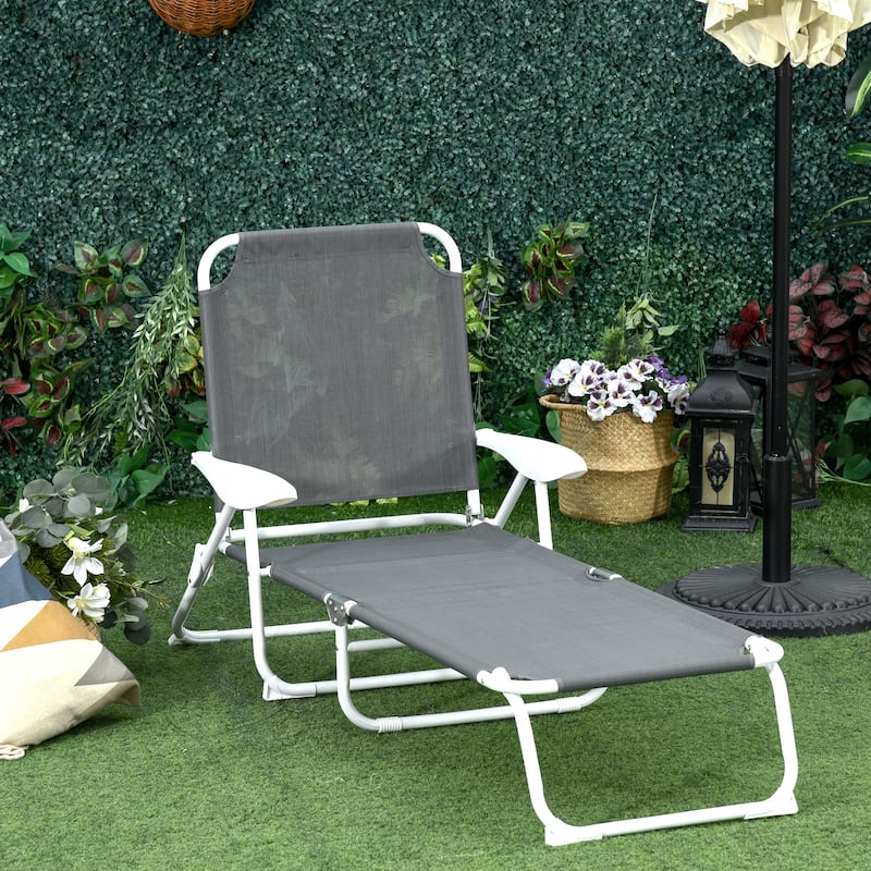 Outdoor Folding Chaise Lounge, 4-Position Reclining Back, Armrests, Metal Frame and Mesh Fabric for Beach, Yard, Patio