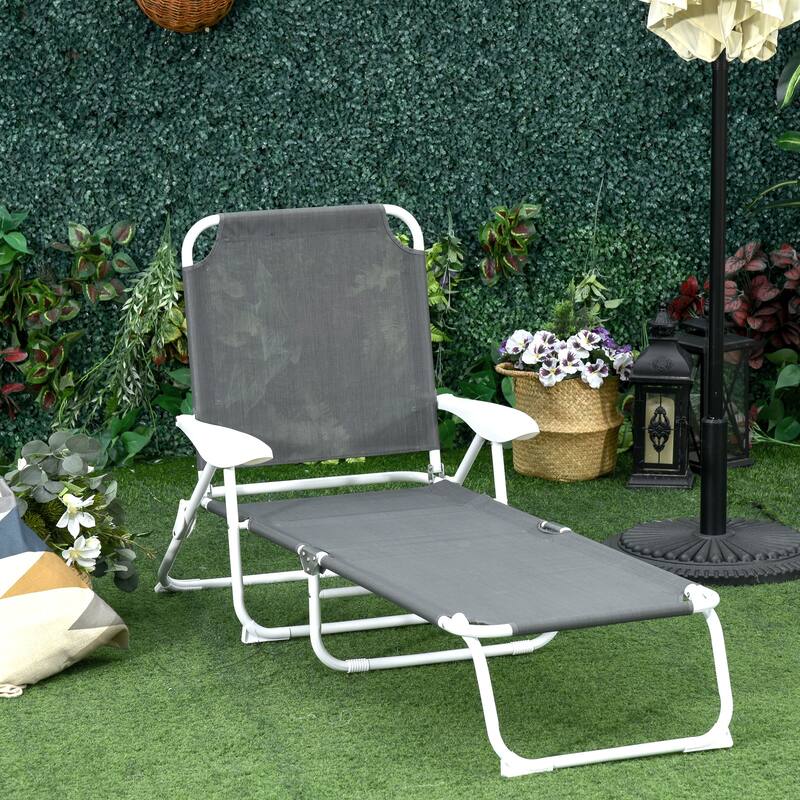 Folding Chaise Lounge, Outdoor Sun Tanning Chair, 4-Position Reclining Back, Armrests, Metal Frame and Mesh Fabric