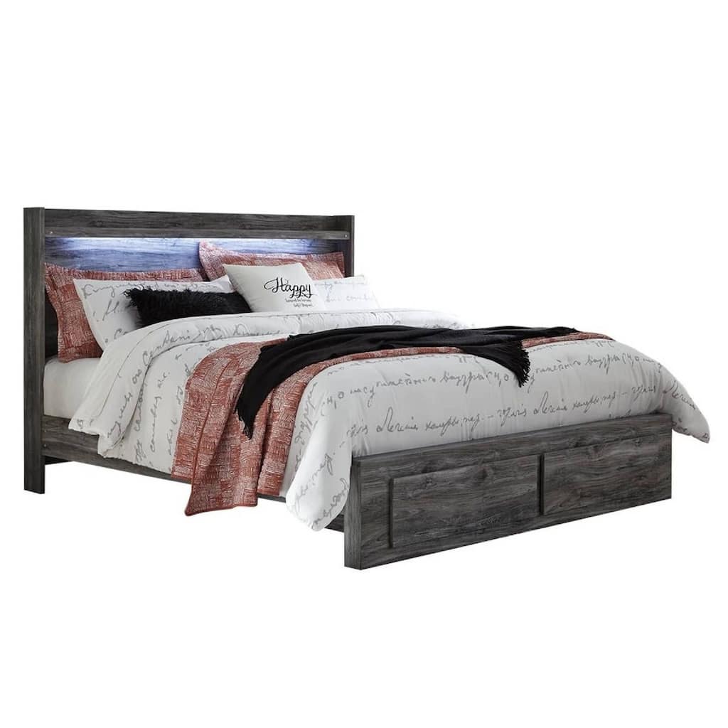 Bays King Size Storage Bed with 2 Drawers, Driftwood Smoke Gray, LED