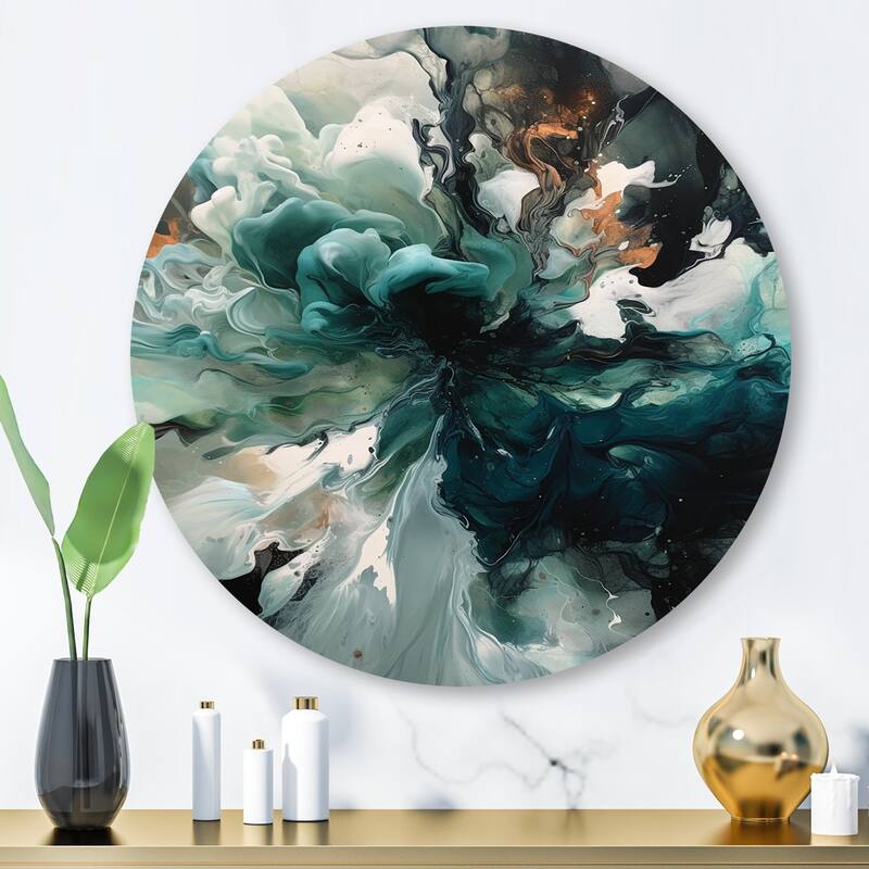 Designart "Green White Marbled Artistry II" Modern Geometric Metal Round Wall Art - 29x29 - Disc of 29 Inch
