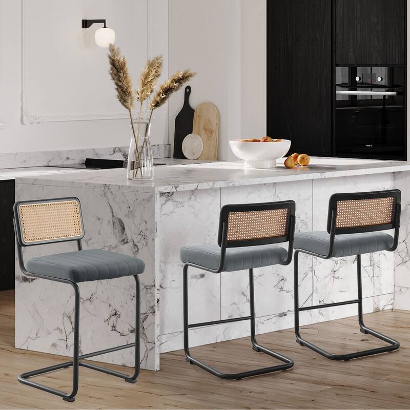 Velvet Upholstered Rattan Counter/Bar Stools, Set of 2/3