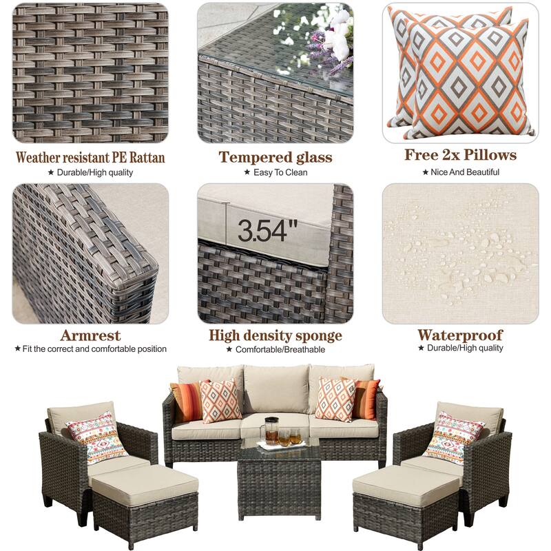 OVIOS 6-piece Outdoor Patio Wicker Conversation Set With Glass-Top Table