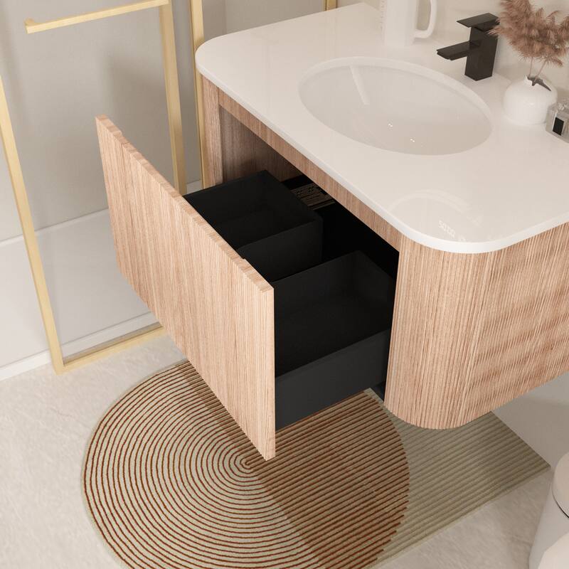 Wall Mounted Bathroom Vanity with Sink Curved Design - Natural Wood