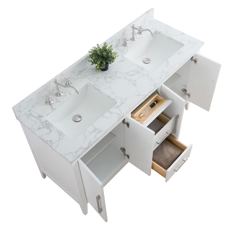 Vanity Art 60" Double Sink Bathroom Vanity Cabinet with Engineered Marble Top