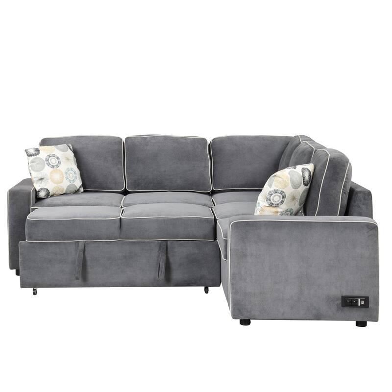 L-Shaped Pull Out Sofa Bed Modern Convertible Sleeper Sofa with 2 USB ports, 2 Power Sockets and 3 Pillows