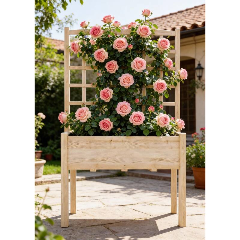 Wooden Elevated Garden Bed, with Trellis - Wood