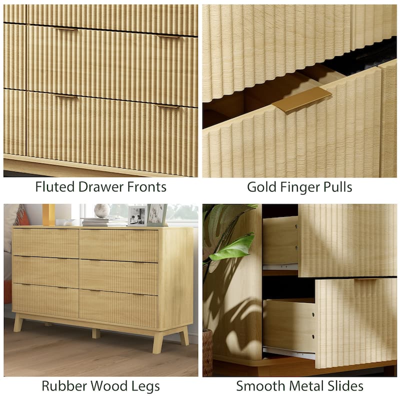 HOMCOM Fluted Dresser for Bedroom with 6 Drawers, 54" Wide Chest of Drawers with Gold Finger Pulls and 5 Wood Legs
