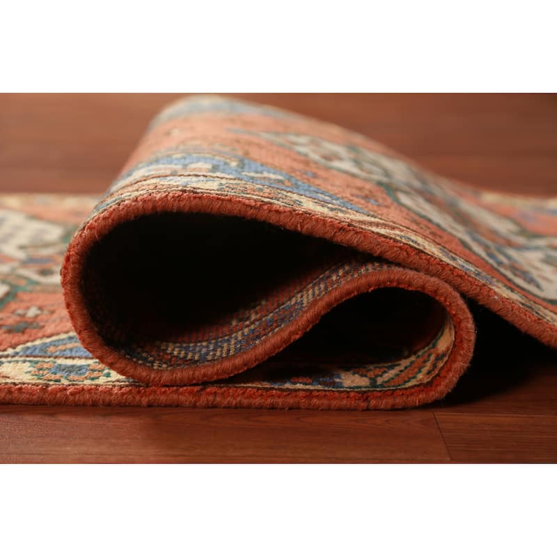 Hand Knotted Oriental 100% Wool Carpet Traditional Geometric Oranges & Rust Kazak Runner Rug - 9' 10'' X 2' 7''