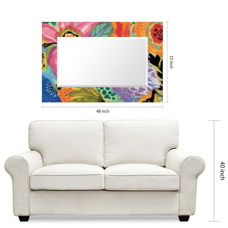 "Secret Garden Floral II" Rectangular Beveled Mirror on Free Floating Reverse Printed Tempered Art Glass - 48" x 32"