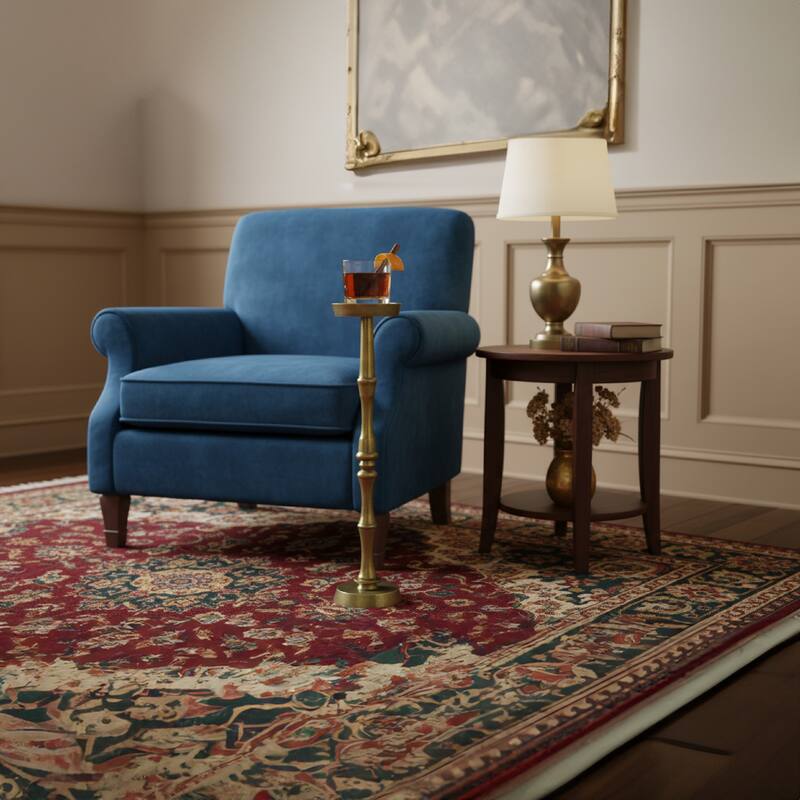 26 Inch Side End Drink Table, Turned Pedestal Metal Base, Round Top, Oxidized Brass