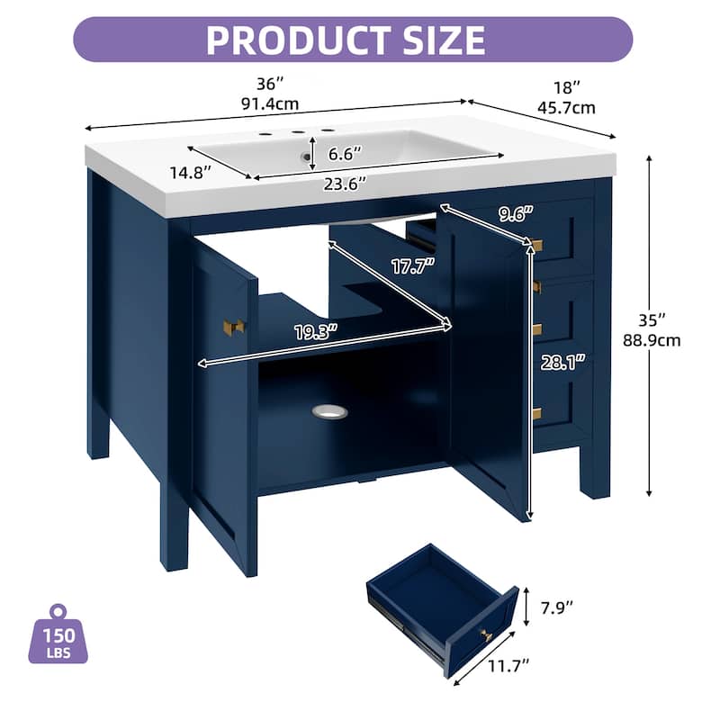 Moasis 36"/42" Bathroom Vanity with Sink Set and 2 Soft-Closing Doors & 3 Drawers - 36 Inch - Navy Blue
