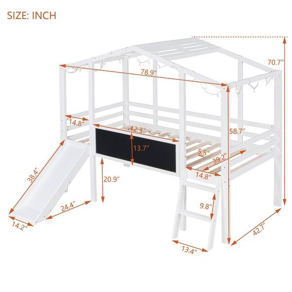 White Wooden Loft Bed Frame, Twin Size House Bed Frame with Blackboard, Light Strip on the Roof and Slide, No Box Spring Needed