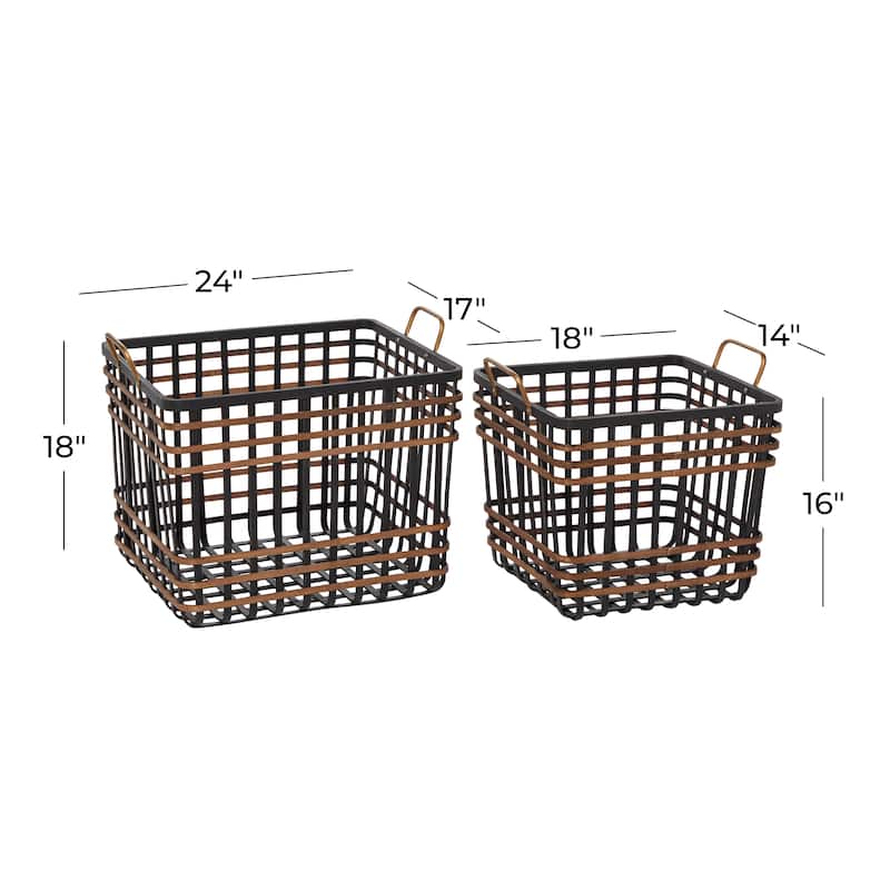 Black Seagrass Decorative and Functional Storage Basket with Handles (Set of 2)