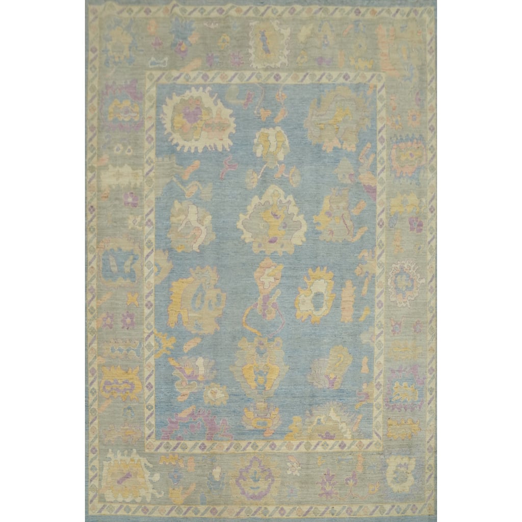 Vegetable Dye Blue Oushak Turkish Area Rug, Floral Geometric Carpet - 9' 10'' X 7' 11''