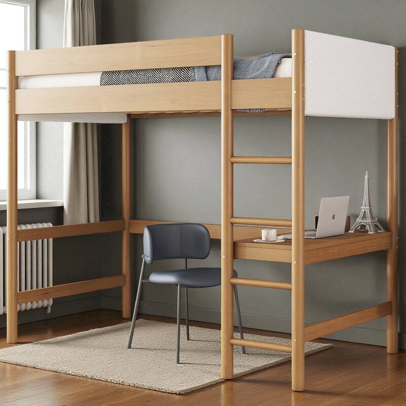 Twin Size Loft Bed with Built-in Desk and Boucle Upholstered Headboard, Solid Rubber Wood Loft Bed with Ladder and Guardrails