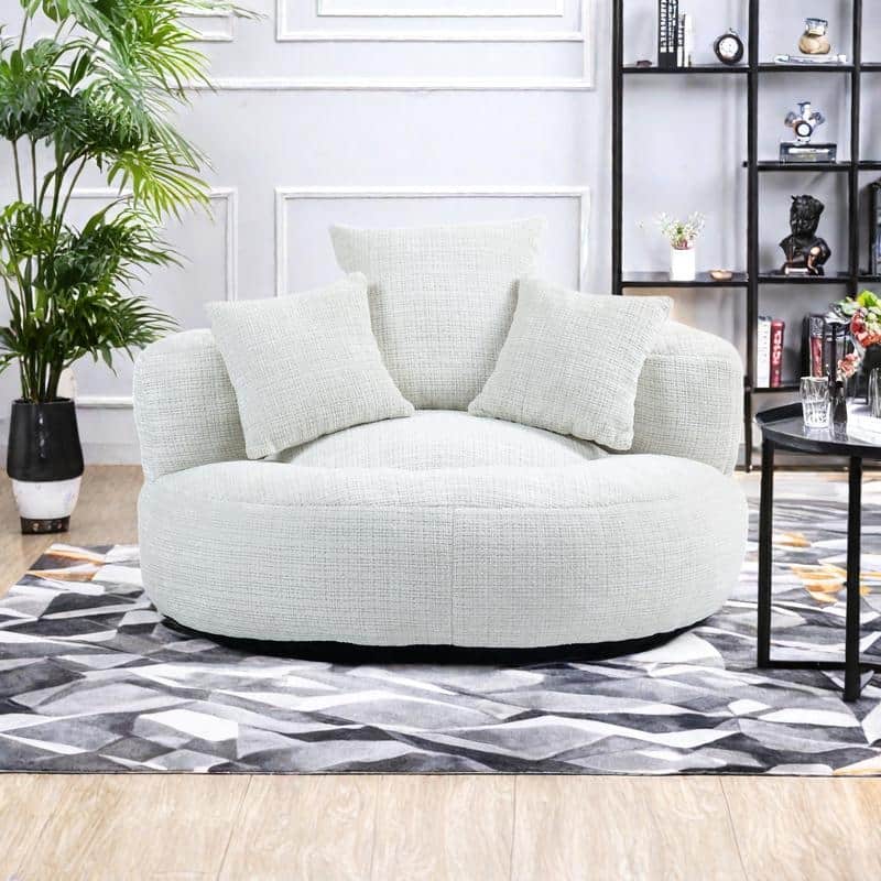 Chenille High Back Lazy Sofa with 3 Pillows and Oversized Bean Bag Chair - Beige